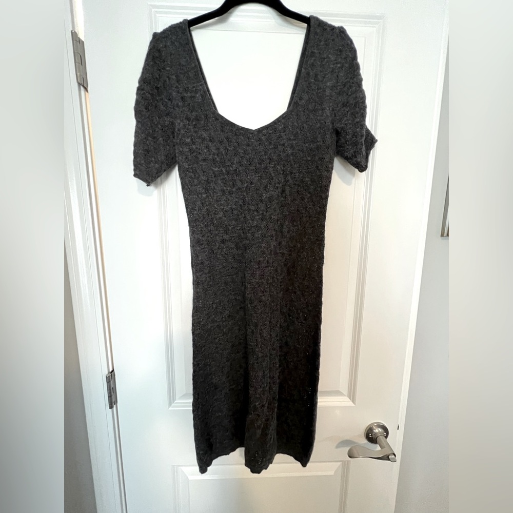 Free People Knit Bodycon Gray Short Sleeve Sweetheart Neck Sweater Dress Sz L